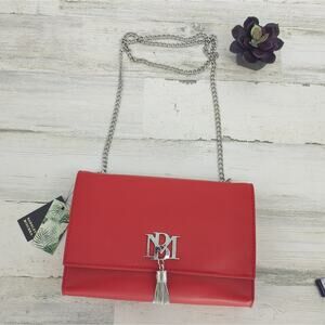 Badgley Mischka NEW Red Clutch Crossbody Chain Purse Fringe Sig Logo